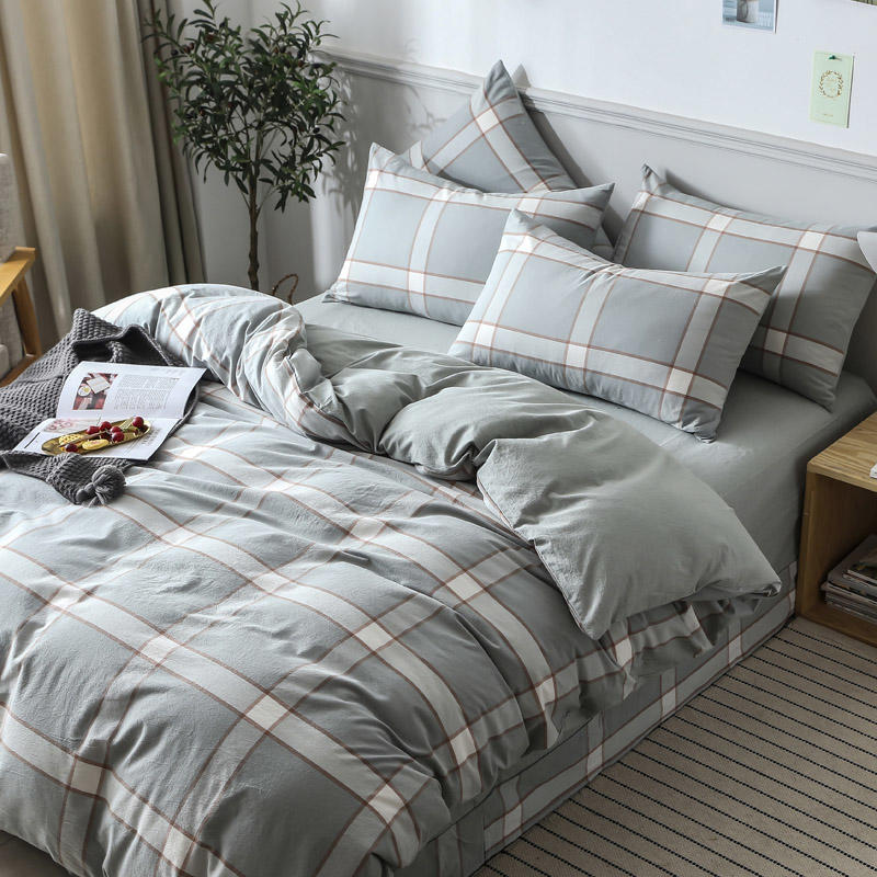 Light Cyan Plaid Bed Sheet Set Modern Style