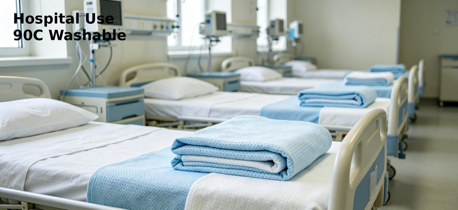 Institutional blankets arranged on beds in a medical ward