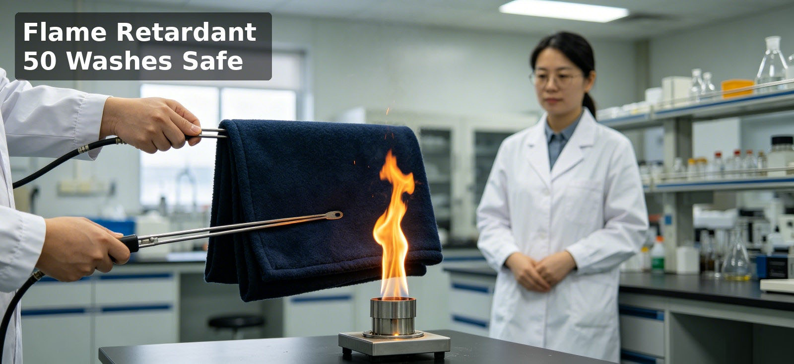 Flame retardant blanket sample checked during a laboratory test