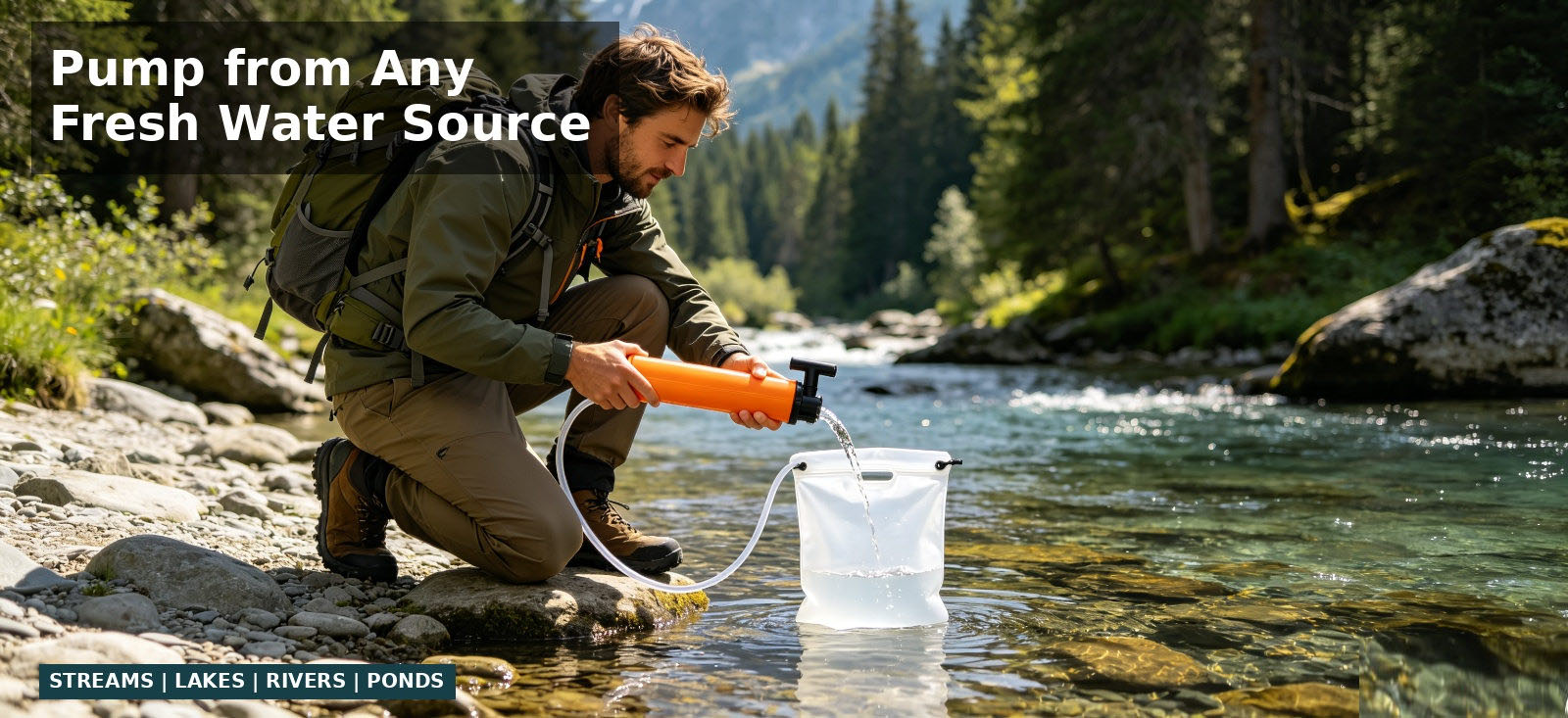 Portable water purifier pumping water from a flowing stream for procurement review and temporary site distribution