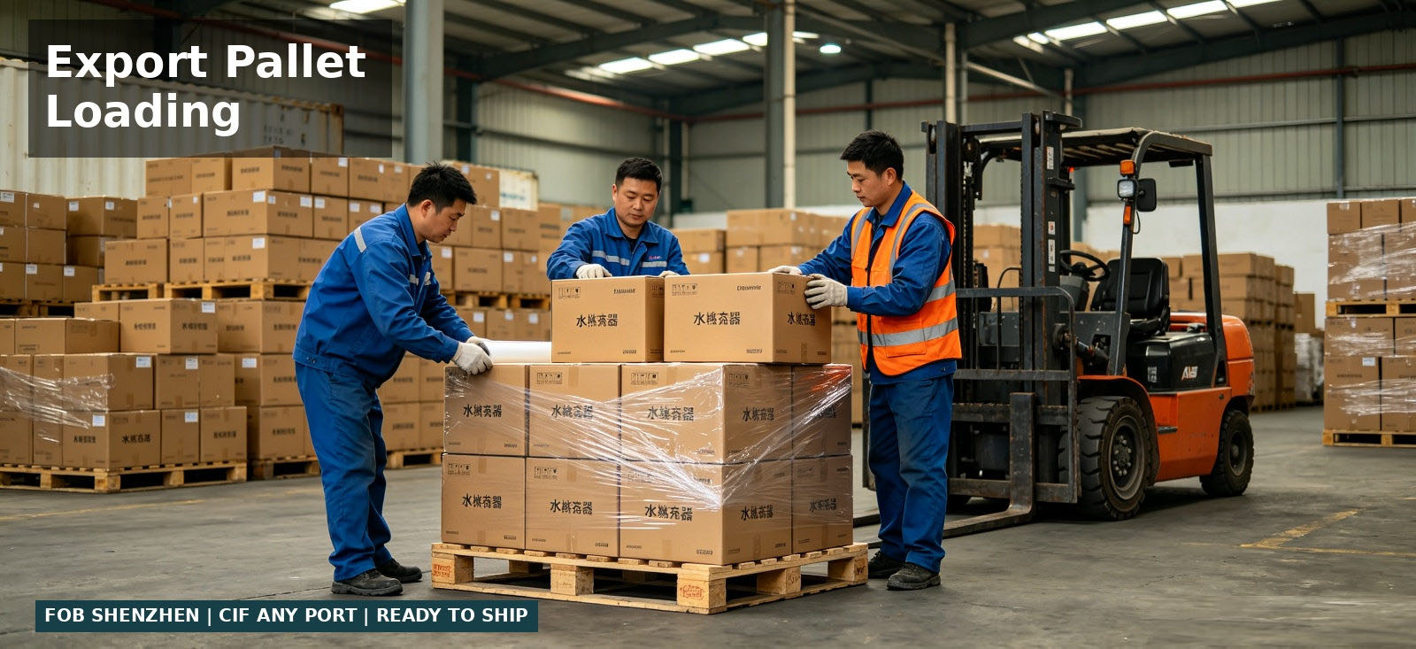 Emergency water purifier cartons prepared on export pallets for procurement review and temporary site distribution