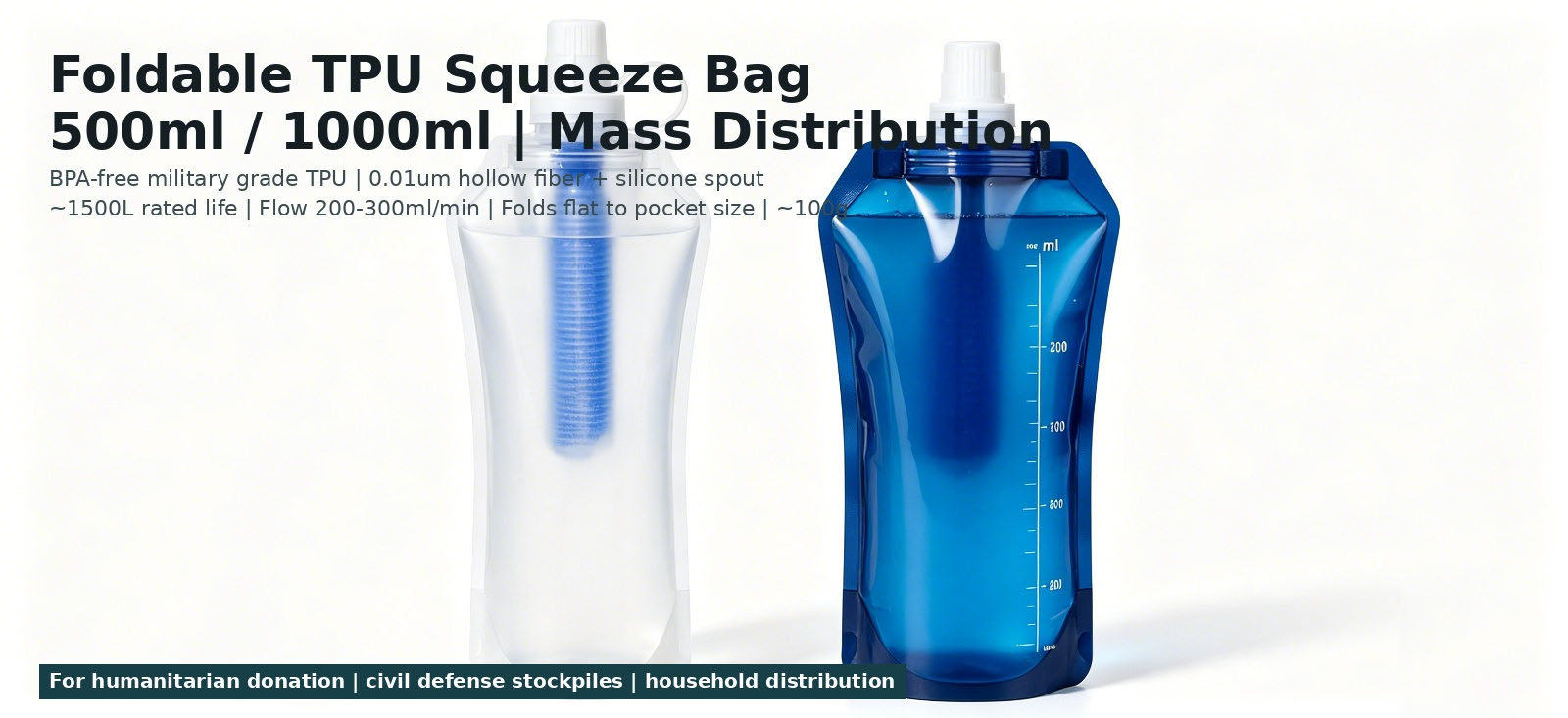 Foldable water filter bag for compact emergency distribution for procurement review and temporary site distribution