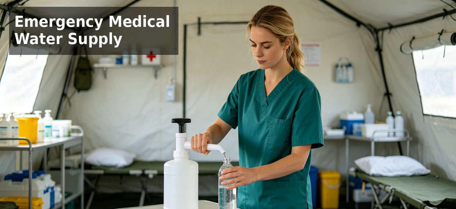 Portable water purifier used at a temporary medical site for procurement review and temporary site distribution