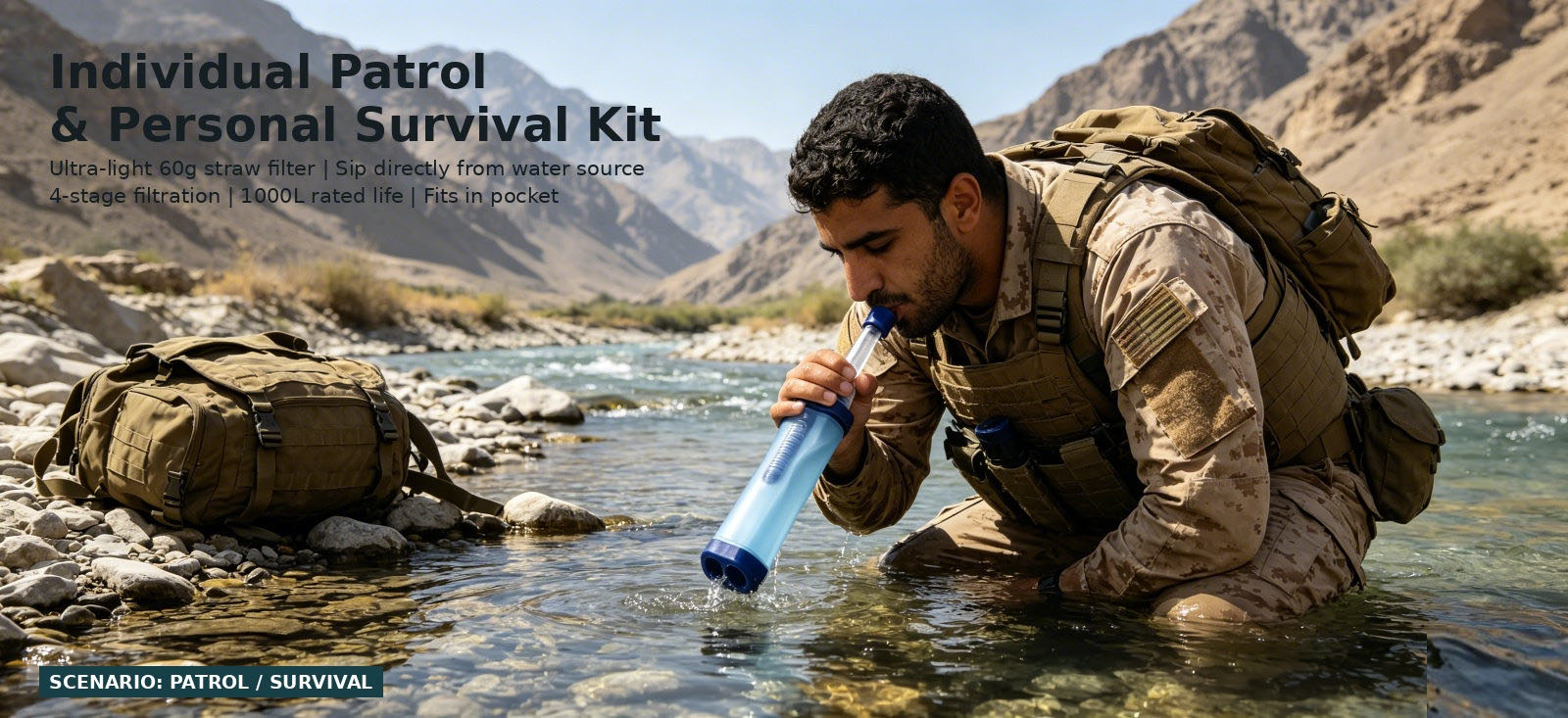 Personal filter straw used during an outdoor survival task for procurement review and temporary site distribution