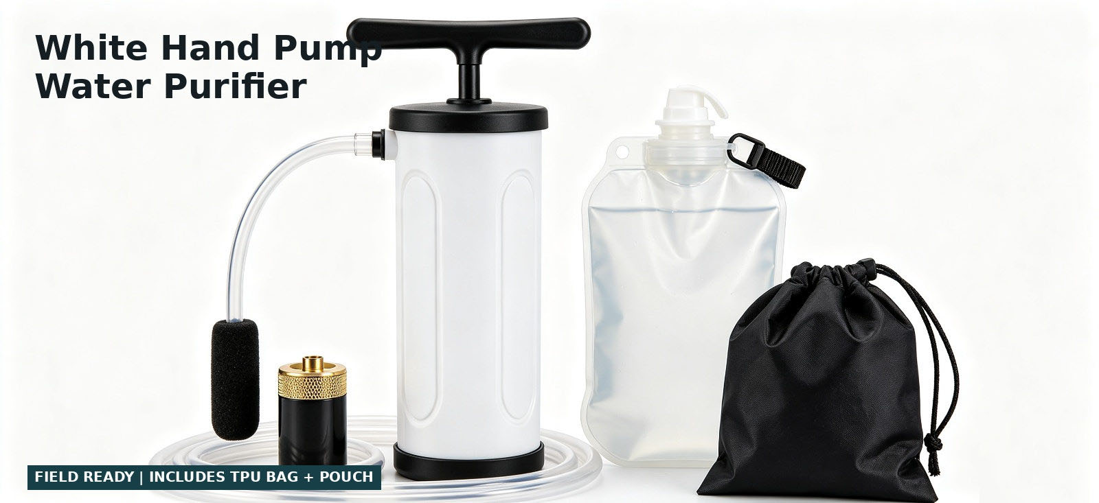 White hand-pump emergency water purifier with storage bag for procurement review and temporary site distribution