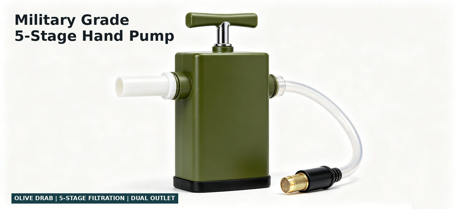 Olive hand-pump water purifier with dual outlet configuration for procurement review and temporary site distribution