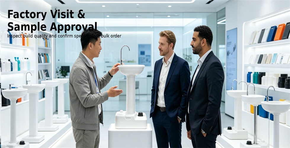 Portable hand wash station sample reviewed before bulk approval for bulk procurement review
