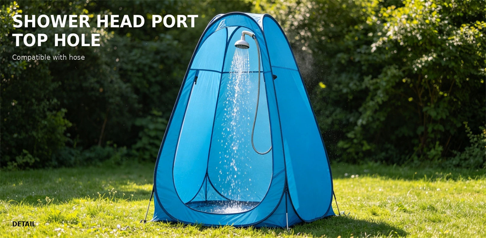 Standard blue portable emergency shower tent shown fully deployed for bulk procurement review