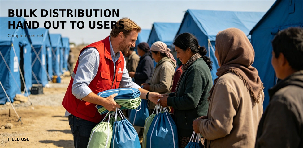 Folded portable shower tents prepared for bulk distribution for procurement review and emergency camp allocation