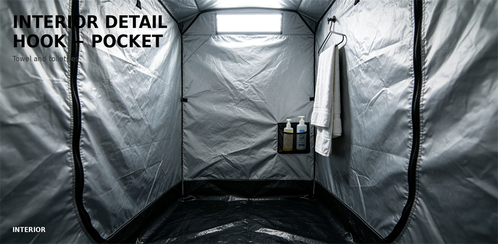 Interior hook and storage pocket inside a portable shower tent for procurement review and emergency camp allocation
