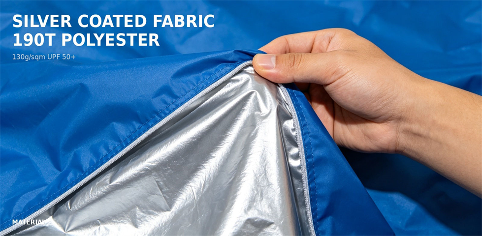 Silver-coated fabric layer used in a portable shower tent for procurement review and emergency camp allocation
