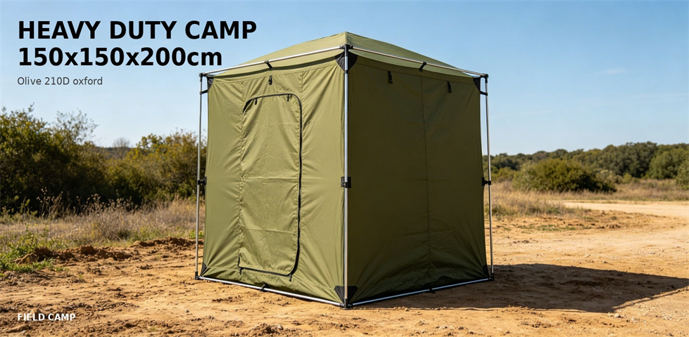 Portable shower tent deployed at a heavy-duty field camp for procurement review and emergency camp allocation