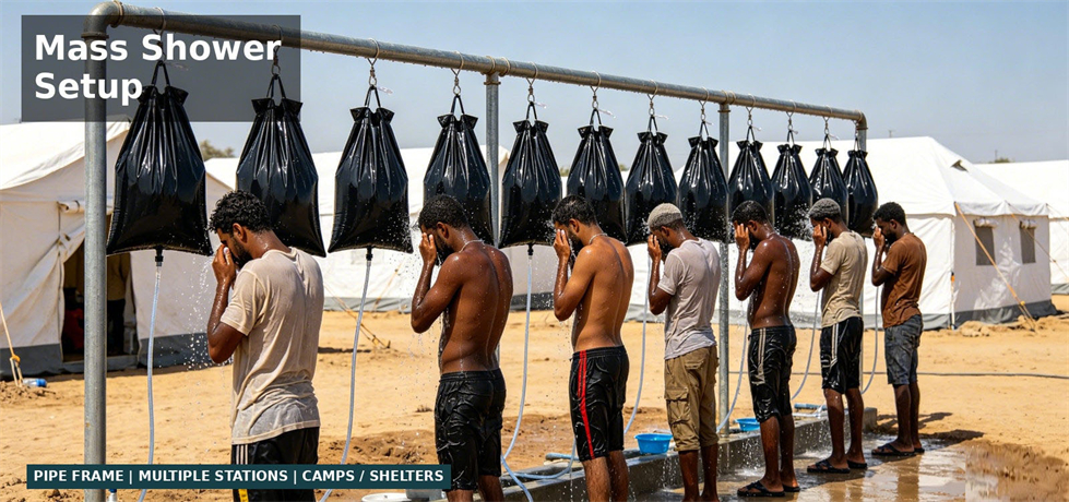 Multiple emergency shower bags prepared at a field washing point for bulk procurement review