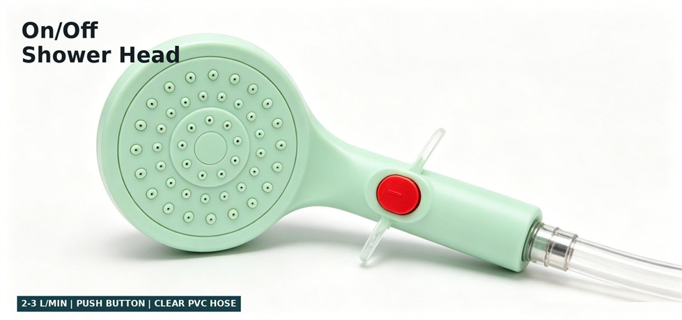 On and off shower head supplied with an emergency shower bag for procurement review and emergency hygiene allocation