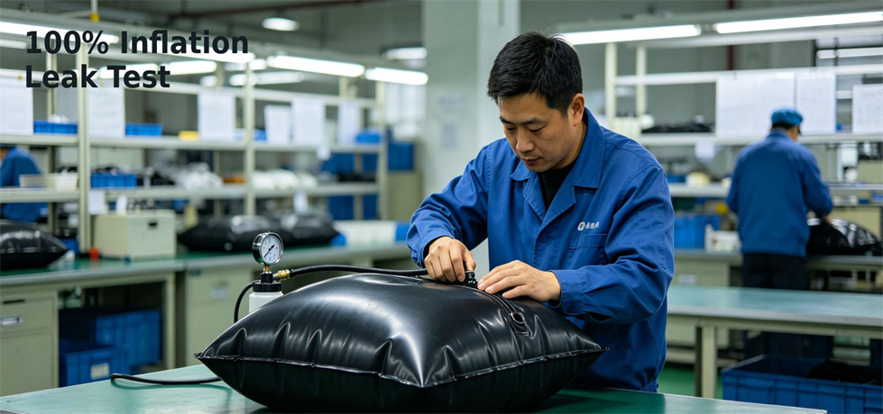 Emergency shower bag checked for leakage before packing for procurement review and emergency hygiene allocation