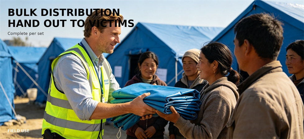 Folded emergency canopies handed out during bulk distribution for procurement review and field distribution planning