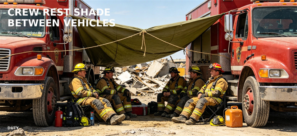Emergency canopy providing a shaded rest area between vehicles for bulk procurement review