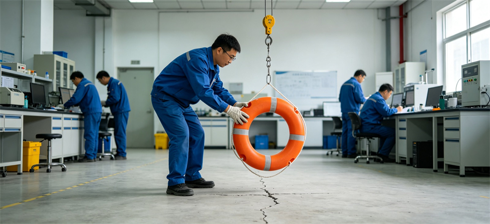 Flood Relief Products showing lifebuoy load test for bulk order inspection and export shipment coordination