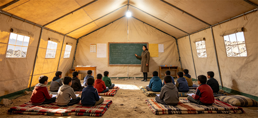 Relief blanket shelter classroom scene for reserve rotation decisions and temporary accommodation planning
