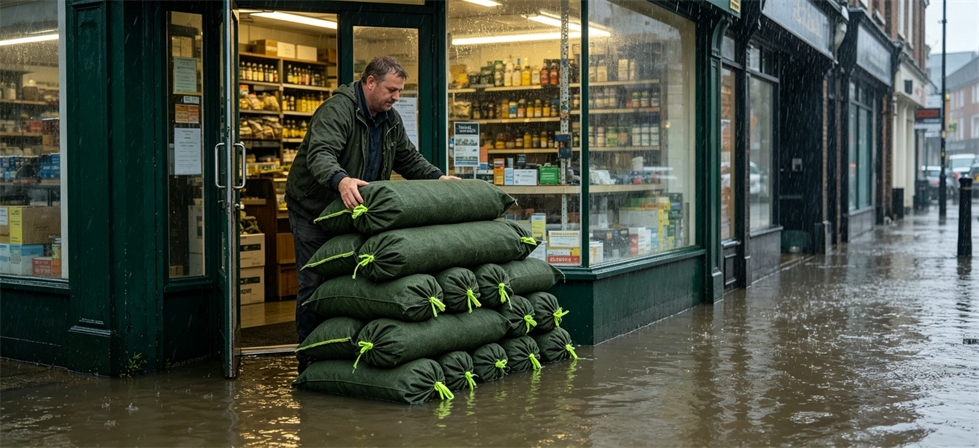 Flood Relief Tools showing shopfront sandbag use for government procurement and emergency reserve planning Flood Relief Tools showing shopfront sandbag use for government procurement and emergency reserve planning