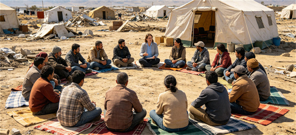 Extreme cold relief blanket camp meeting scene for YRF solution review and coordinated field support planning