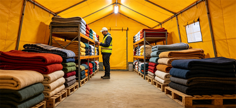 Shelter-project blanket stock inside tent for flame-retardancy and shelter safety discussion