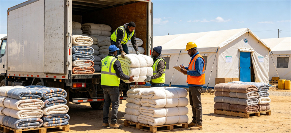 Shelter-project blanket handover packing for checking cartons, bundles and issue-point readiness