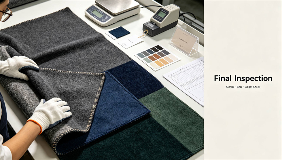 Emergency blanket quality inspection showing solid color navy blue for institutional procurement review