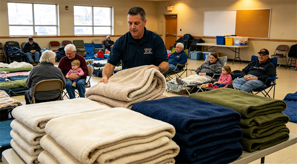 Emergency blanket temporary shelter use showing solid color brown scene for institutional procurement review