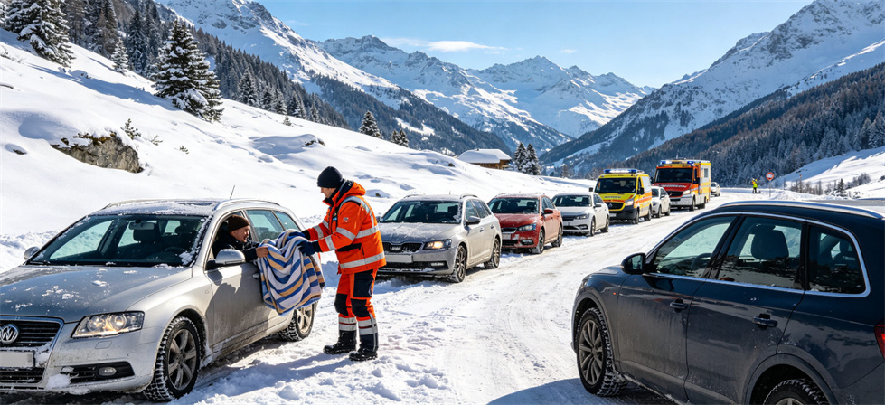 Shelter‑project blanket snowy highway emergency scene for stranded driver support and field emergency safety review in temporary accommodation