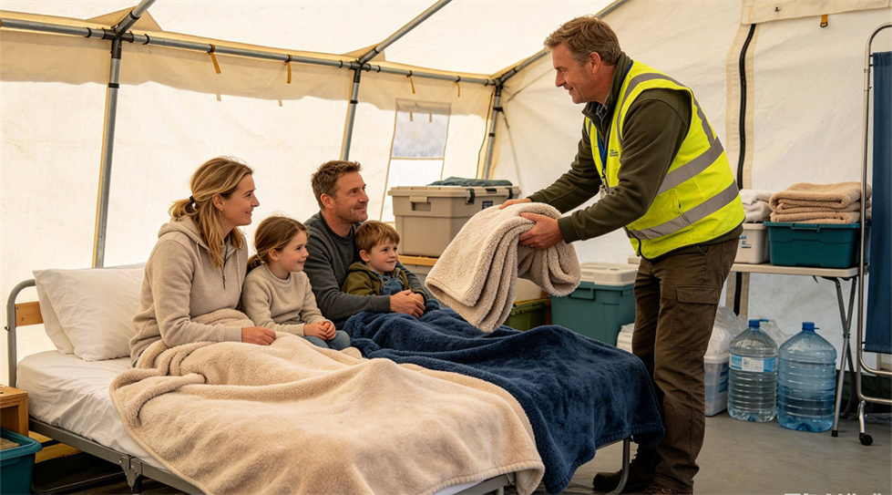 Emergency blanket temporary shelter use showing solid color brown scene for institutional procurement review