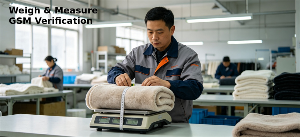 Worker weighing a folded blanket for finished piece weight and specification verification Worker weighing a folded blanket for finished piece weight and specification verification