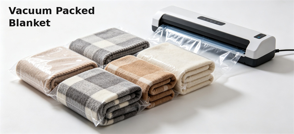 Vacuum-packed blankets prepared for volume and logistics comparison in bulk orders