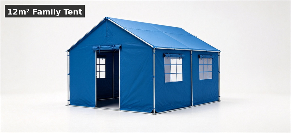 Relief tent 12sqm blue shown for four main uses for relief tents in institutional relief tent procurement planning