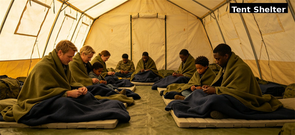 Blankets used inside a relief tent during emergency accommodation for institutional bulk procurement review