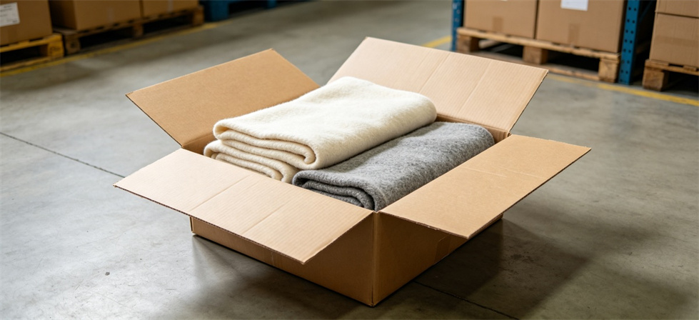 Blanket sample carton open shown for review labels and packing in institutional blanket procurement review