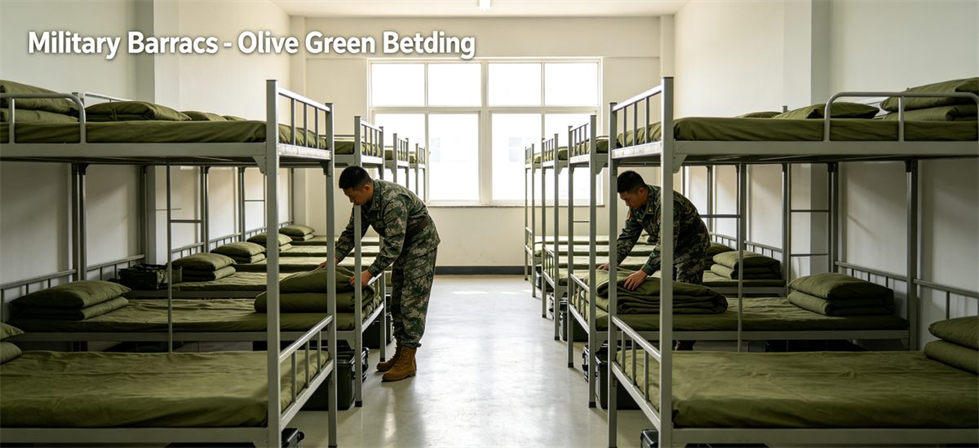 Soldiers making beds in olive green military barracks with standard bedding sets for institutional procurement
