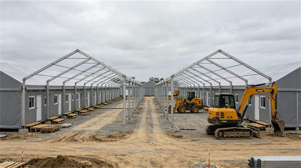 Construction site temporary worker camp with frame tents for project team accommodation