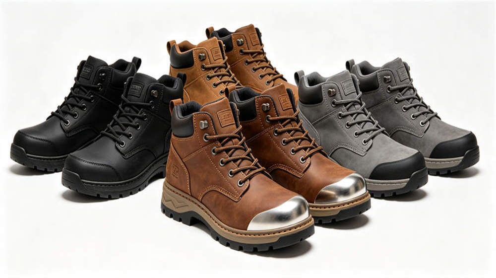 Multiple safety boots in black brown grey steel toe cap leather for worker foot protection