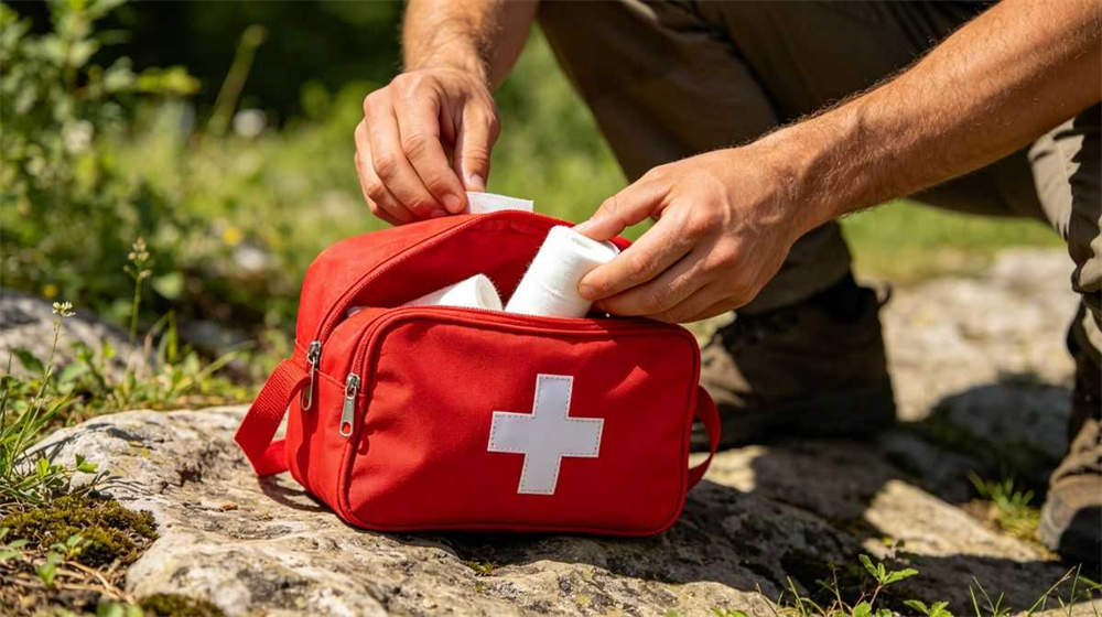First aid kit being used outdoor person opening red emergency medical bag with cross symbol taking bandages