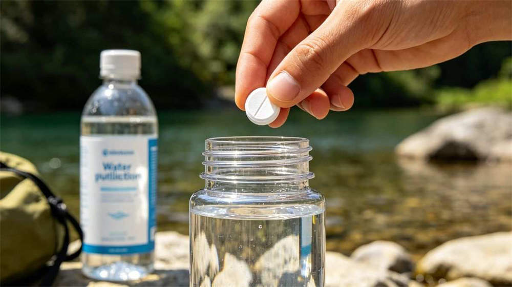 Water purification tablets being used outdoor dropping tablet into water bottle camping river setting