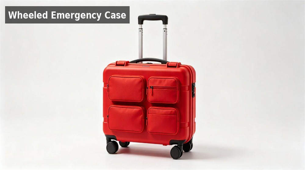 Red wheeled emergency case rugged transport container for bulk disaster relief supplies