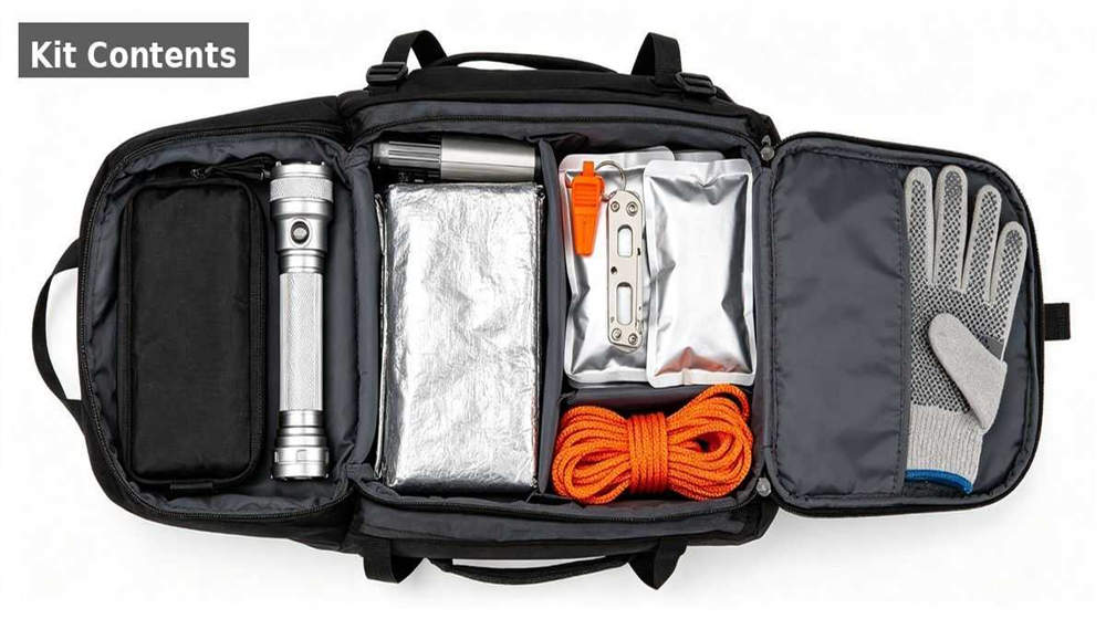 Open emergency kit showing all contents organized with food water first aid and tools