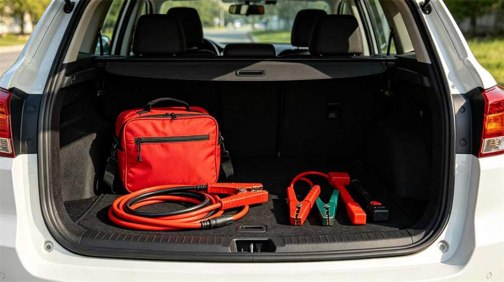 SUV car trunk with 72 hour emergency kit stored alongside jumper cables and tools