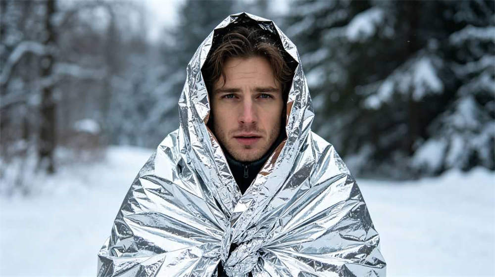 Person wrapped in emergency thermal blanket silver reflective Mylar in cold weather outdoor