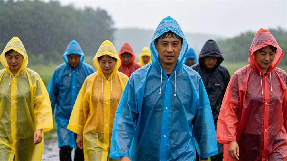 People wearing disposable emergency rain ponchos multiple colors in heavy rain outdoor