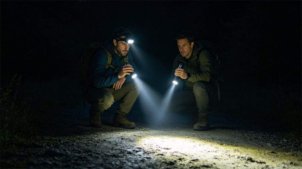 LED headlamp and handheld flashlight being used in dark emergency situation illuminating path