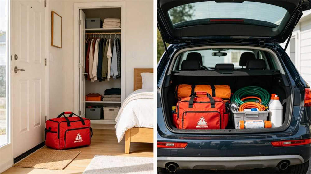 Emergency kit storage locations home closet bedroom and car trunk multi placement collage