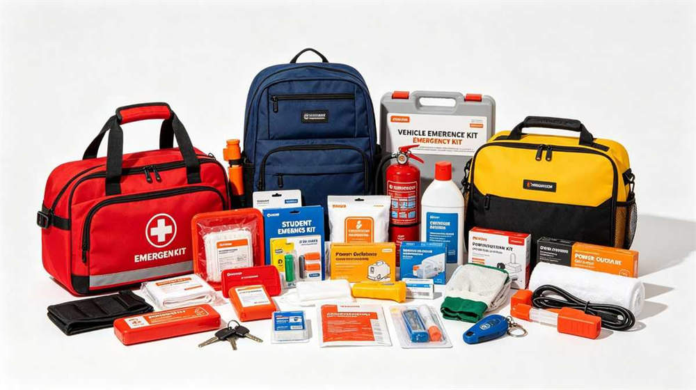 Related emergency kits display vehicle student and power outage kits arranged together multiple styles