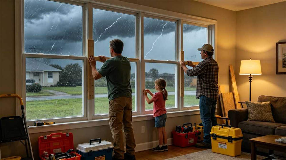 Hurricane preparation family boarding up windows with emergency kit nearby stormy sky outside